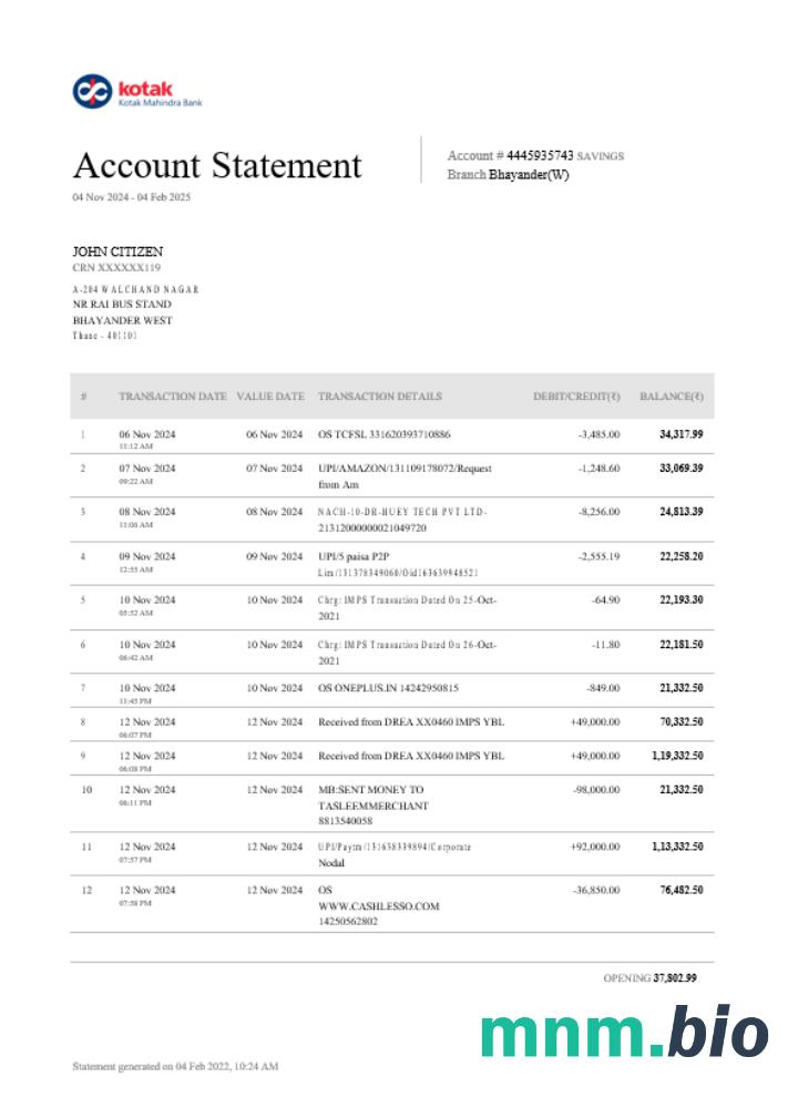 INDIA IDFC First wzór wyciągu bankowego, Word and PDF format, version 2